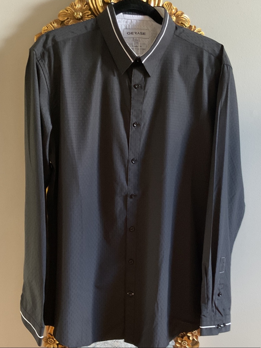 Men's Black Patterned Texture Long-Sleeve Button-Up Luxury Shirt Neck 17